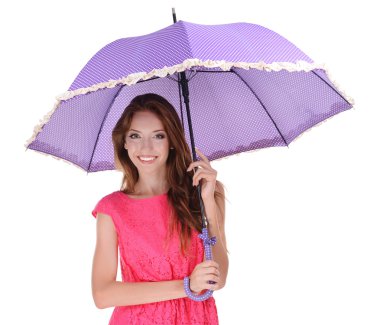 Güzel genç kız üzerinde beyaz izole şemsiye ile