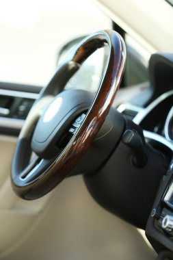 Interior view of car with beige salon and black dashboard clipart
