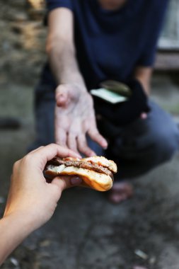 Homeless beggar food and money  clipart