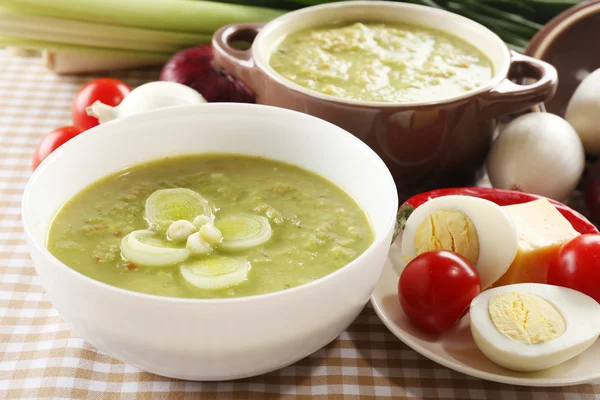 Leek soup on table, close up — Stock Photo, Image
