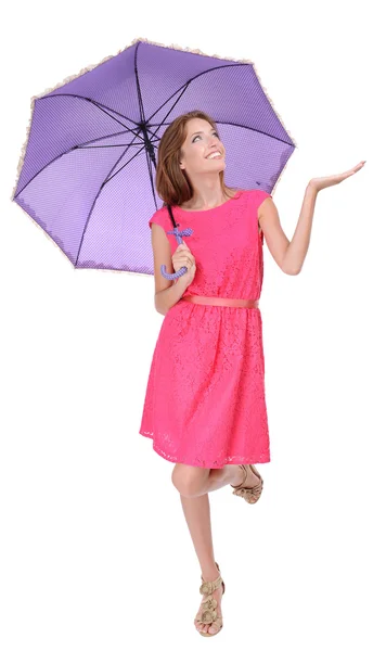 Beautiful young girl with umbrella isolated on white — Stock Photo, Image