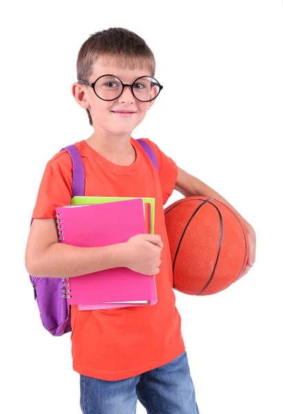 Weinig schooljongen geïsoleerd op wit — Stockfoto