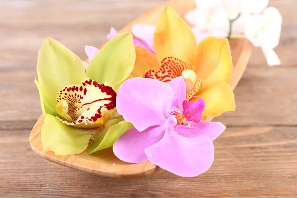 Tropical orchid flowers in bowl on wooden background — Stock Photo, Image