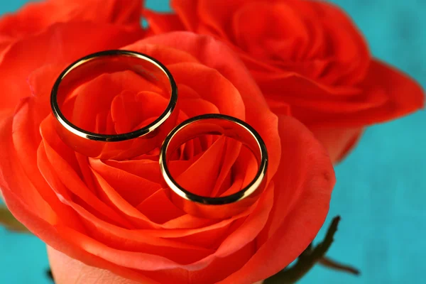 婚礼花束，特写，在明亮的背景上的结婚戒指 — 图库照片