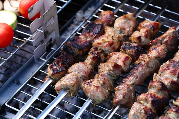 Skewers on barbecue grill, close-up — Stock Photo, Image