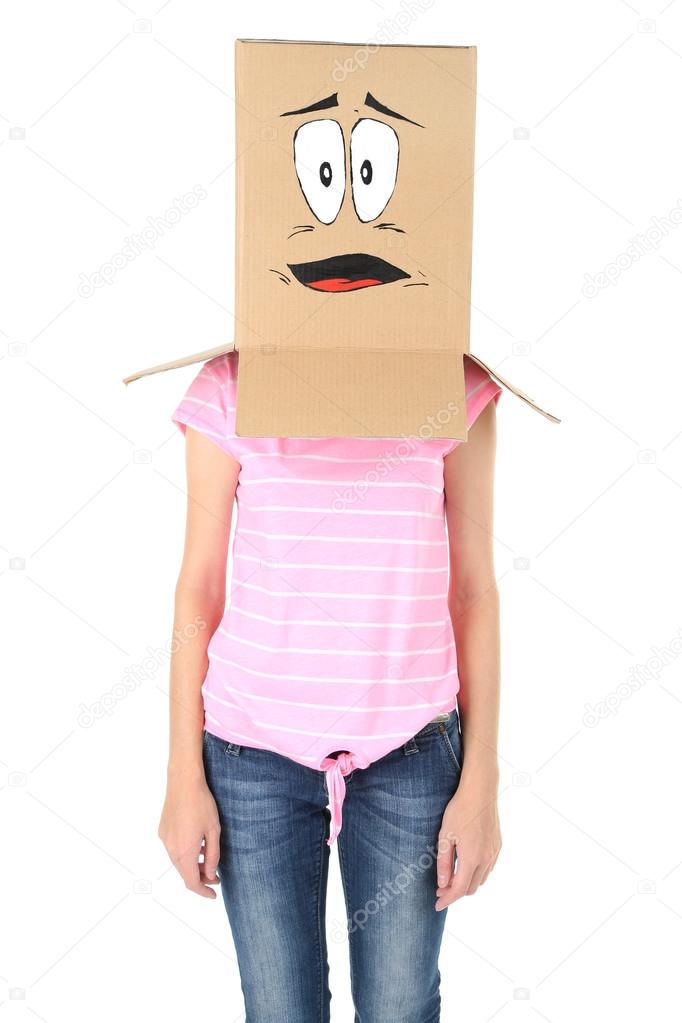 Woman with cardboard box on her head