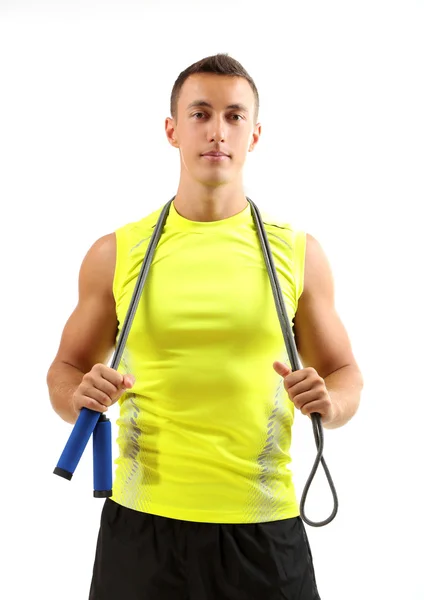 Handsome young sportsman holding rope isolated on white — Stock Photo, Image