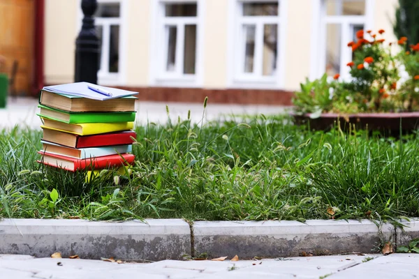Stacked books in grass — Stock Photo, Image