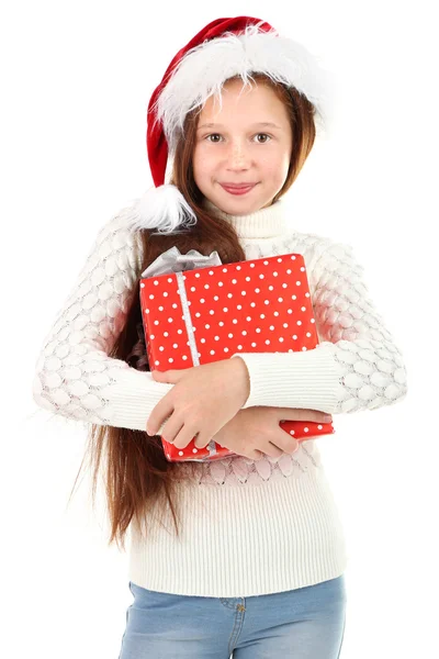 Beautiful little girl with present box isolated on white — Stock Photo, Image