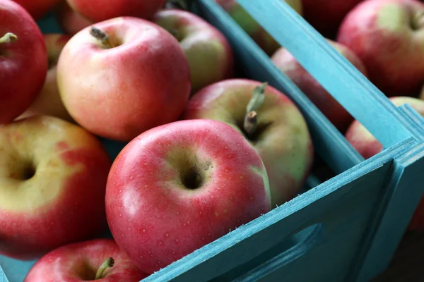 Juicy apples in box, close-up — Stock Photo, Image