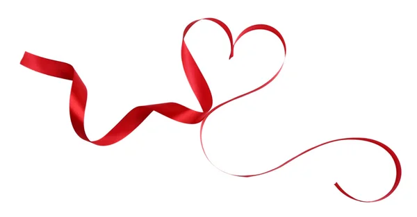 Heart shaped shiny red satin ribbon isolated on white — Stock Photo, Image