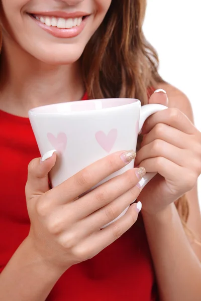 Szép fiatal lány csésze kávé közelről — Stock Fotó