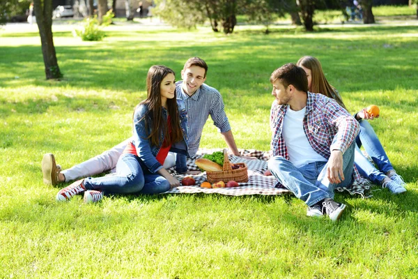 Happy friends on picnic in park