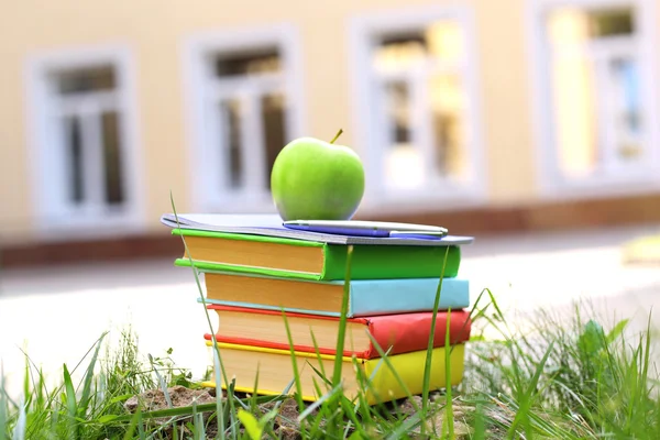 Stacked books in grass — Stock Photo, Image