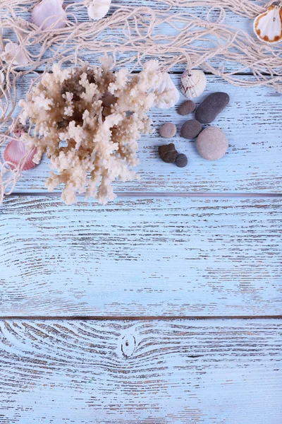 Decoração de conchas close-up em mesa de madeira azul — Fotografia de Stock