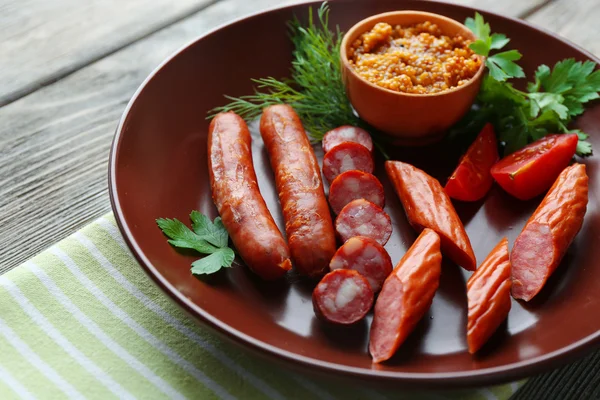 Assortment of tasty thin sausages — Stock Photo, Image