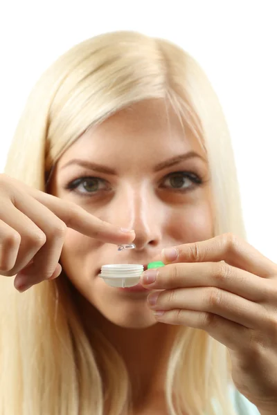 Medicine and vision concept - young woman with contact lens, close up — Stock Photo, Image