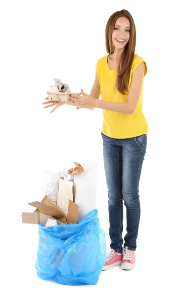 Young girl sorting paper — Stock Photo, Image