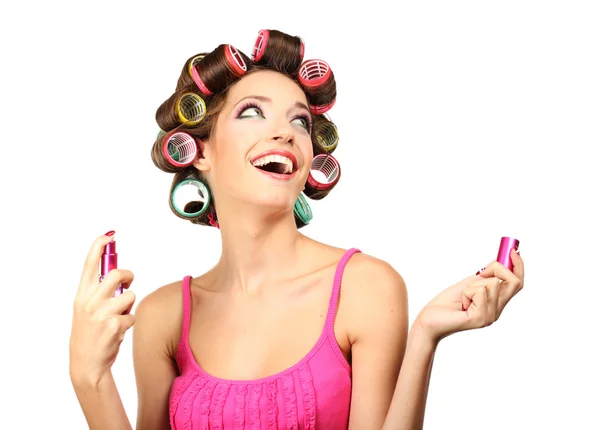 Beautiful girl in hair curlers — Stock Photo, Image