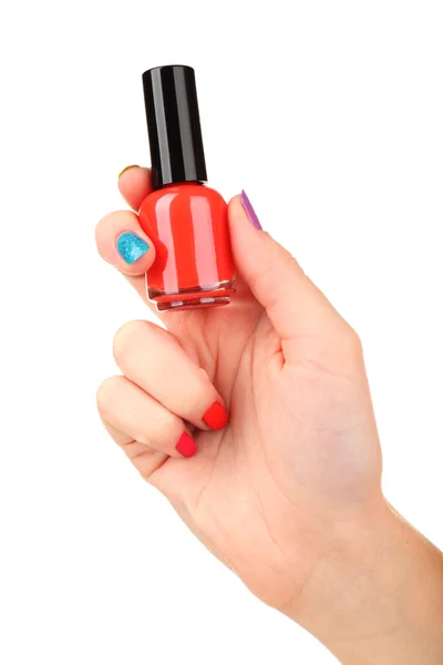 Verniz de unhas na mão, isolado em branco — Fotografia de Stock
