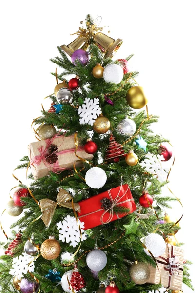 Decorated Christmas tree isolated on white — Stock Photo, Image