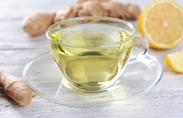 Ginger tea with lemon on table close-up — Stock Photo, Image