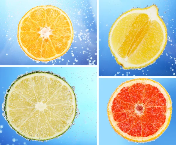 Collage of fruit in water with bubbles on blue background — Stock Photo, Image