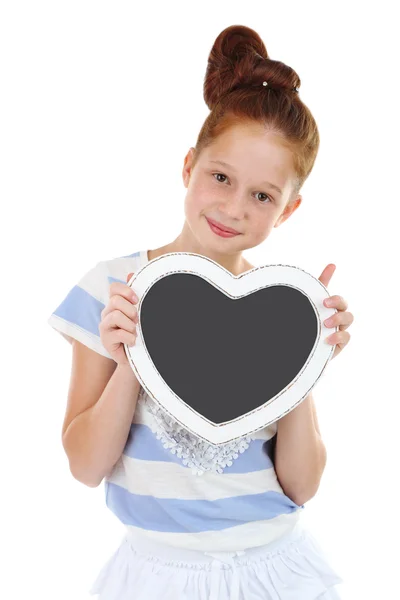 Menina bonita segurando cartaz em branco isolado no branco — Fotografia de Stock