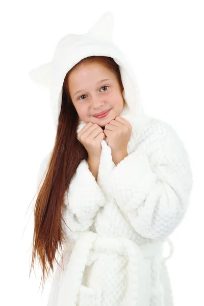 Beautiful little girl in bathrobe isolated on white — Stock Photo, Image