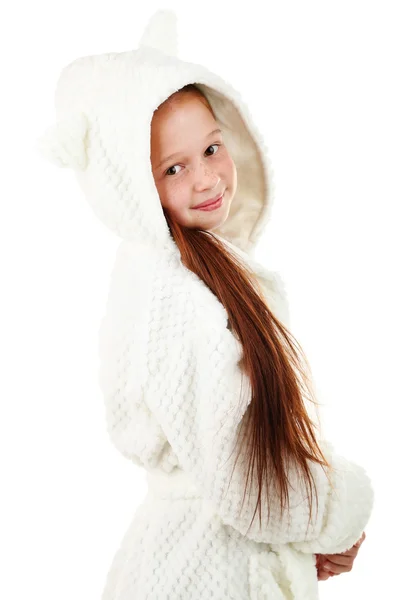 Beautiful little girl in bathrobe isolated on white — Stock Photo, Image