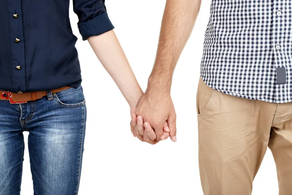 Verliefde paar hand in hand geïsoleerd op wit — Stockfoto