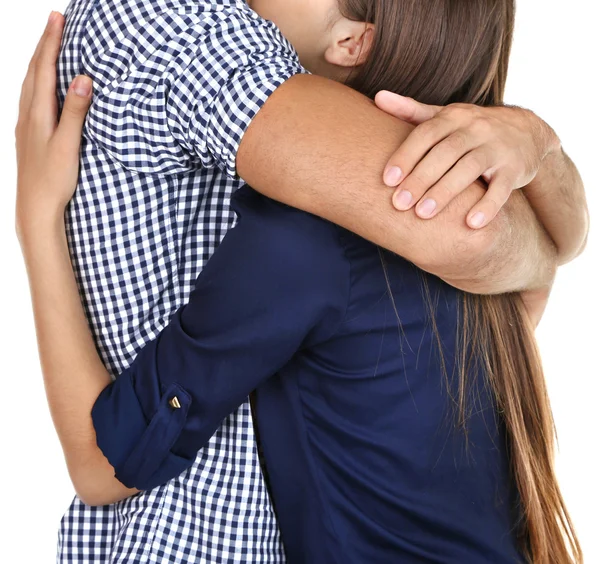 Abraço de casal amoroso isolado no branco — Fotografia de Stock