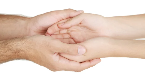 Vrouwen en mannen hand hielden elkaar geïsoleerd op wit — Stockfoto