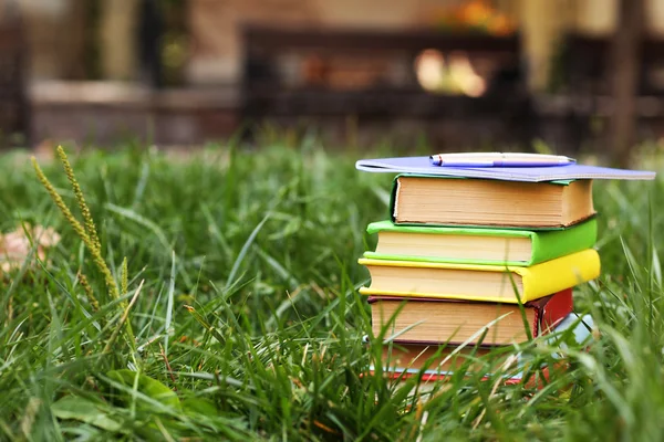 Stacked books in grass — Stock Photo, Image