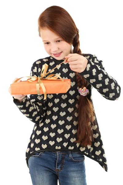 Beautiful little girl with present box isolated on white — Stock Photo, Image