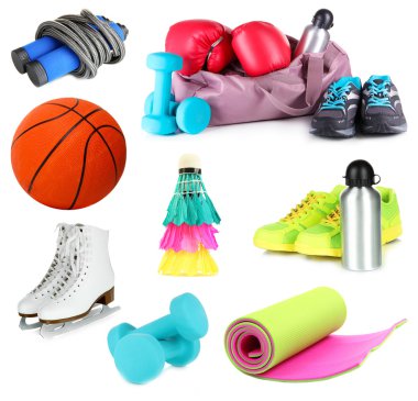 Spor malzemeleri üzerine beyaz izole bir kolaj