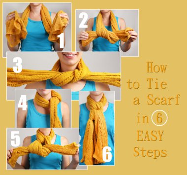 How to tie a scarf? Woman wearing scarf, close up clipart