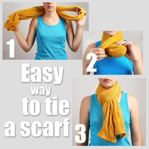 Como amarrar um lenço? Mulher usando cachecol, close up — Fotografia de Stock