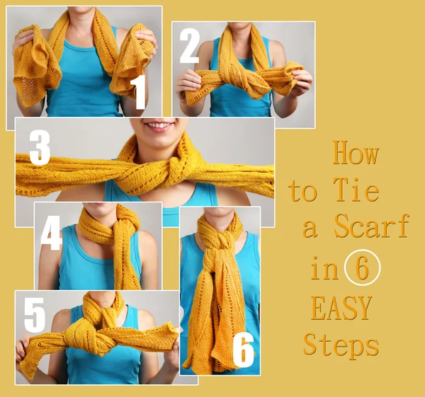 How to tie a scarf? Woman wearing scarf, close up — Stock Photo, Image