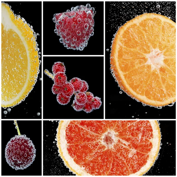 Collage de frutas y bayas en agua con burbujas sobre fondo negro — Foto de Stock