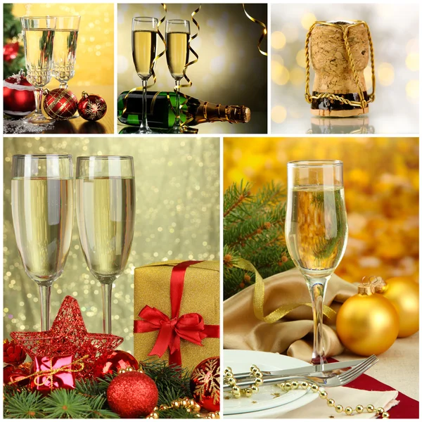 Weihnachtscollage. Gläser Champagner auf glänzendem Hintergrund — Stockfoto