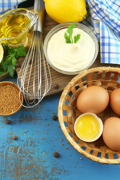 Mayonnaise ingredients on wooden background — Stock Photo, Image