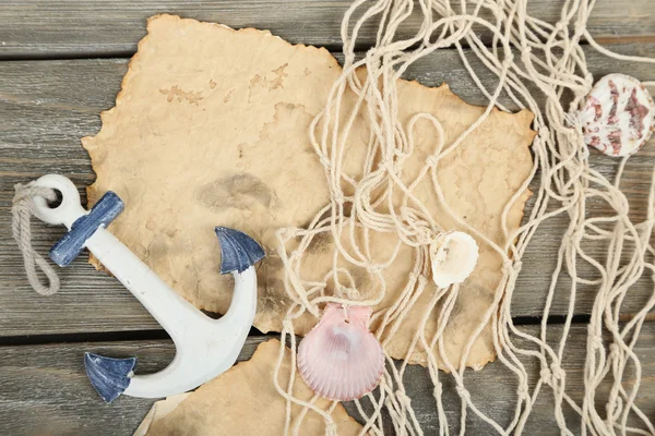 Decor of seashells wooden table background — Stock Photo, Image