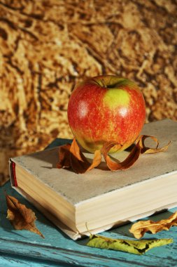 kitap ve kuru yaprakları ile elma