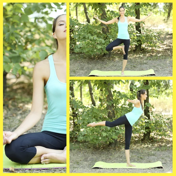 Collage de joven hermosa mujer haciendo ejercicios de yoga en el parque — Foto de Stock