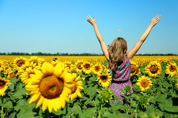 Junge Frau im Sonnenblumenfeld — Stockfoto