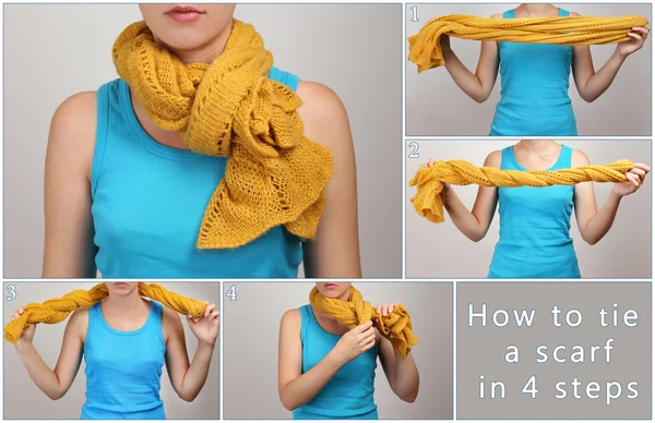 How to tie a scarf? Woman wearing scarf, close up — Stock Photo, Image