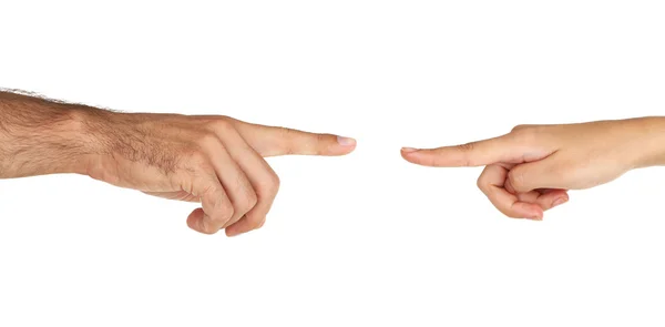 Women and men hand attracted to each other isolated on white — Stock Photo, Image