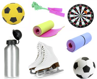 Spor malzemeleri üzerine beyaz izole bir kolaj