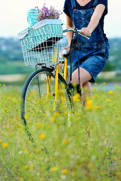草地上骑自行车的年轻妇女 — 图库照片